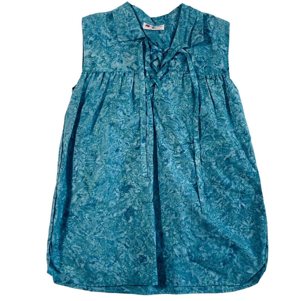 Blue Batik Style Handmade Women's Sleeveless Renaissance Tunic V Neck Tie Up